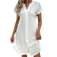 thumbnail image 1 of Women Linen Dress Spring Summer Casual Cap Sleeve V Neck Midi Button Down Shirt Dresses White S, 1 of 6