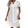 thumbnail image 1 of Women Linen Dress Spring Summer Casual Cap Sleeve V Neck Midi Button Down Shirt Dresses White XL, 1 of 6