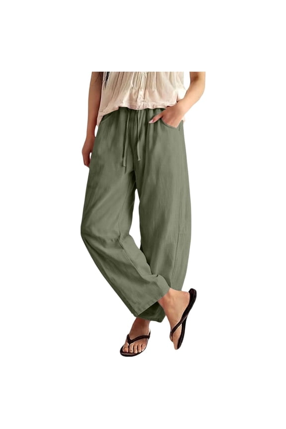 Women Linen High Waist Casual Loose Fit Long Pants Drawstring Elastic Waistband Lightweight Trousers with Pockets for Everyday Wear Army Green L
