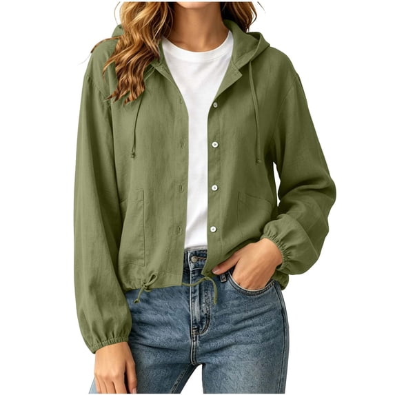 Women Linen Hooded Crop Jacket, Button Front Long Sleeve Drawstring Hem Shacket with Pockets, Lightweight Loose Fit Casual Coat Army Green M(M)