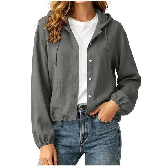 Women Linen Hooded Crop Jacket, Button Front Long Sleeve Drawstring Hem Shacket with Pockets, Lightweight Loose Fit Casual Coat Gray S(S)
