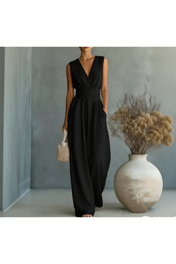 Women Linen Jumpsuits Sleeveless V Neck Elegant Dressy Casual One Piece Pants Romper 2026 Summer Outfits Black L