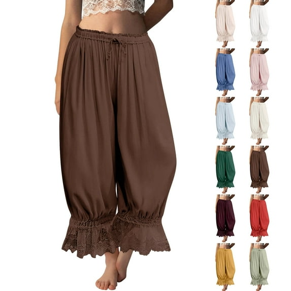 Women Linen Lace Trim Long Bloomers Pants Ruffle Victorian Vintage Pantaloons Summer Beach Travel Vacation Pants Coffee L