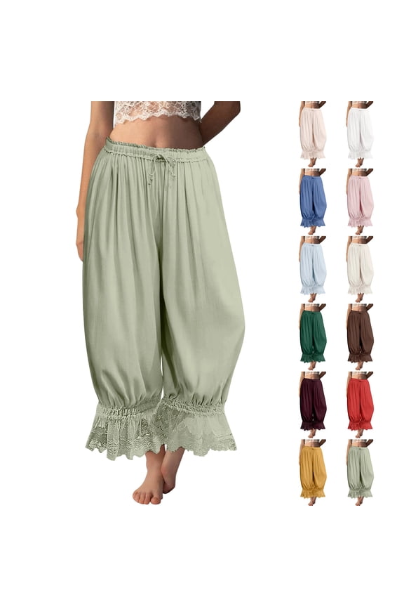 Women Linen Lace Trim Long Bloomers Pants Ruffle Victorian Vintage Pantaloons Summer Beach Travel Vacation Pants Light Green L