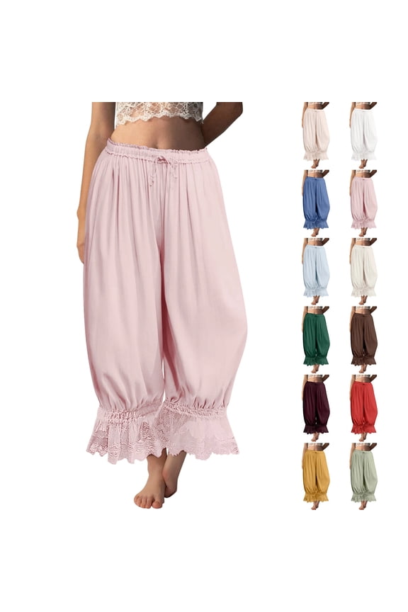 Women Linen Lace Trim Long Bloomers Pants Ruffle Victorian Vintage Pantaloons Summer Beach Travel Vacation Pants Pink M