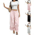 thumbnail image 1 of Women Linen Lace Trim Long Bloomers Pants Ruffle Victorian Vintage Pantaloons Summer Beach Travel Vacation Pants Pink S, 1 of 6