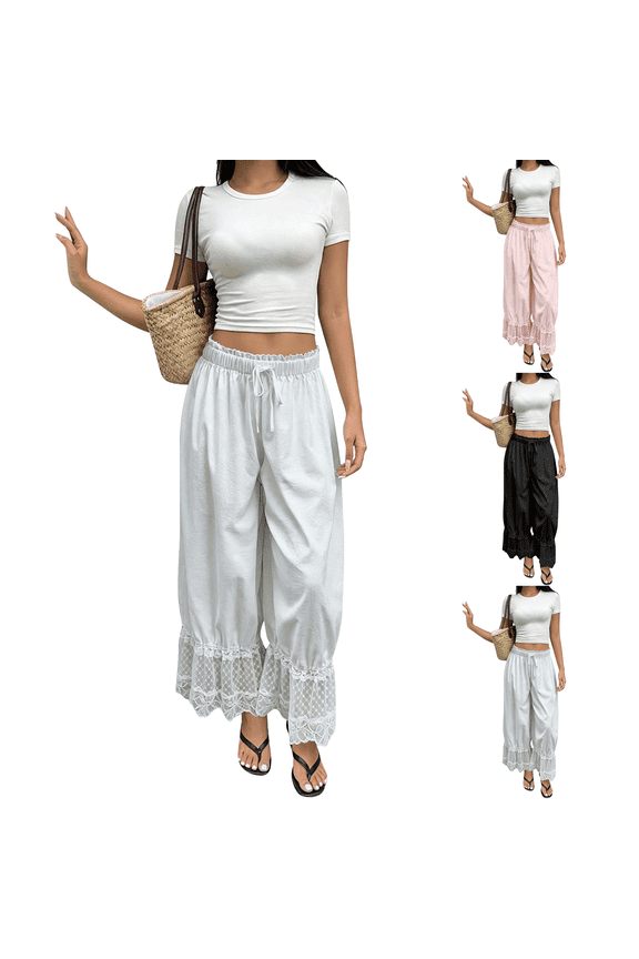 Women Linen Lace Trim Long Bloomers Pants Ruffle Victorian Vintage Pantaloons Summer Beach Travel Vacation Pants White 2XL