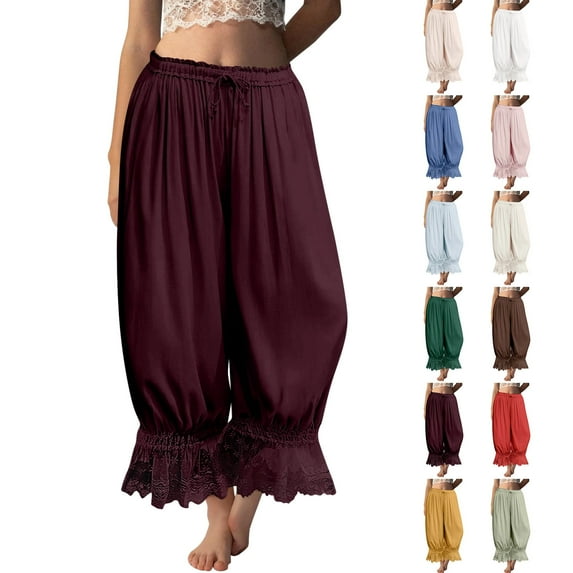 Women Linen Lace Trim Long Bloomers Pants Ruffle Victorian Vintage Pantaloons Summer Beach Travel Vacation Pants Wine M