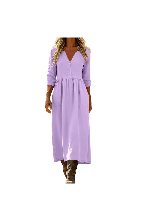 Women Linen Maxi Dress V Neck 3/4 Sleeve Button Modest Flowy Tiered Boho Beach Vacation Dress 2026 Spring Casual with Pockets