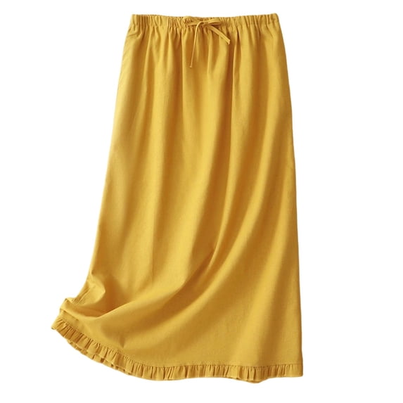 Women Linen Midi Skirt, High Waist A Line Casual Skirt, Ruffle Hem Flowy Half Skirt, Solid Lightweight Vacation Skirt
