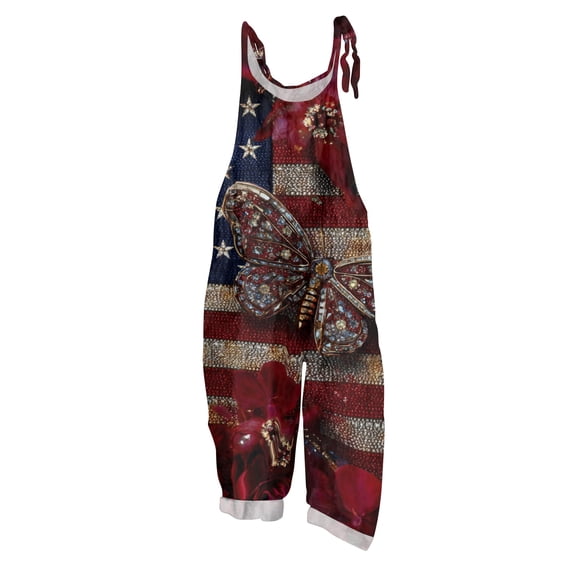Women Linen Overalls 4th of July Spaghetti Strap Flag Star 250th year Print Jumpsuit Loose Fit Romper Wide Leg Pants Red 4XL