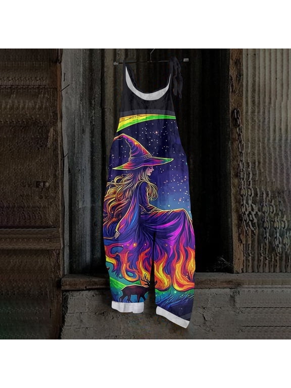 Women Linen Overalls Casual Halloween Loose Fit Jumpsuits Boho Bib Pants Rainbow Starry Witch Flame Deer Print Pink L