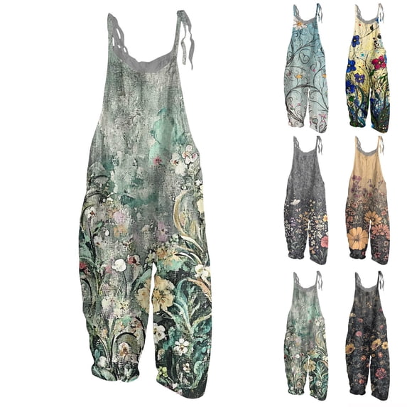 Women Linen Overalls Summer Casual Floral Printed Loose Fit Jumpsuits Boho Cute Wide Leg Rompers Pants with Pockets