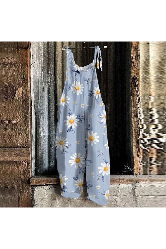 Women Linen Overalls Summer Casual Floral Printed Loose Fit Jumpsuits Boho Wide Leg Rompers Pants with Pockets Blue 2XL