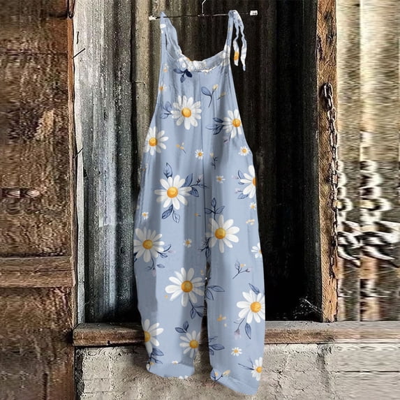 Women Linen Overalls Summer Casual Floral Printed Loose Fit Jumpsuits Boho Wide Leg Rompers Pants with Pockets Blue XL