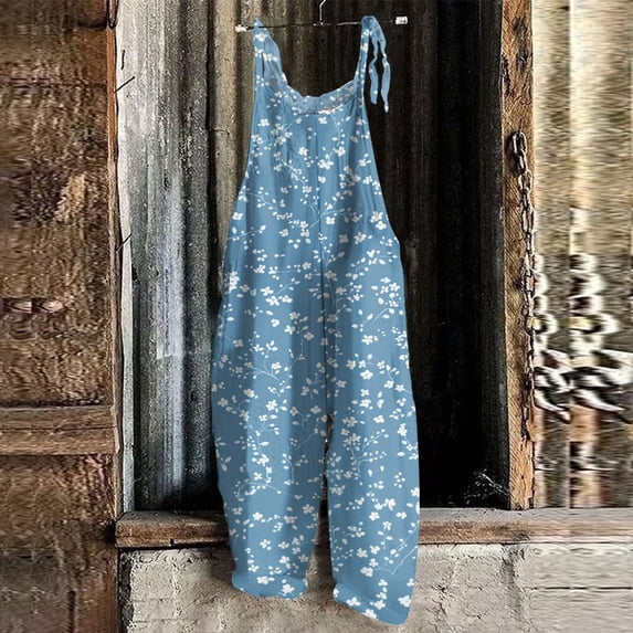 Women Linen Overalls Summer Casual Floral Printed Loose Fit Jumpsuits Boho Wide Leg Rompers Pants with Pockets Blue XL