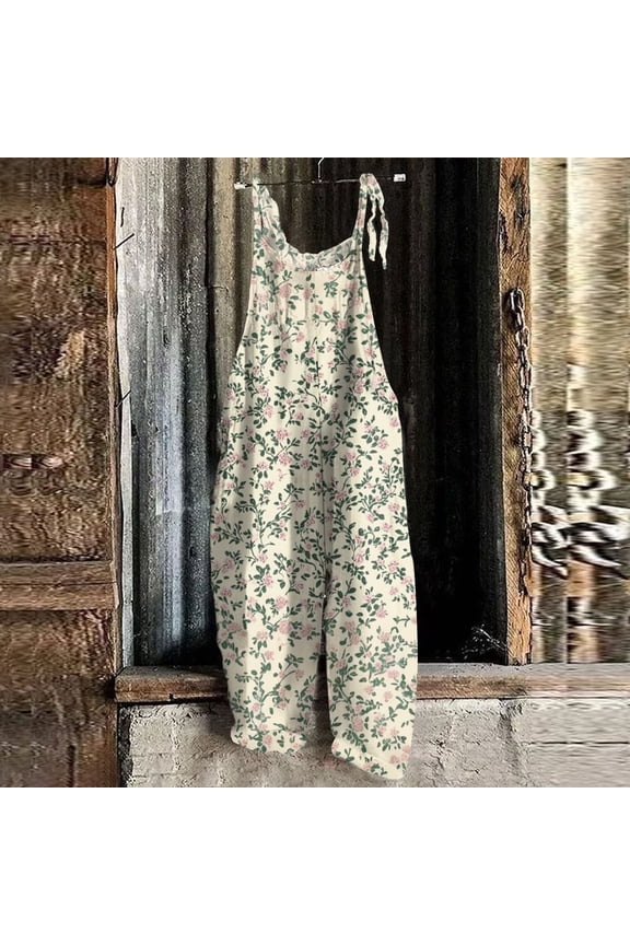 Women Linen Overalls Summer Casual Floral Printed Loose Fit Jumpsuits Boho Wide Leg Rompers Pants with Pockets Green L