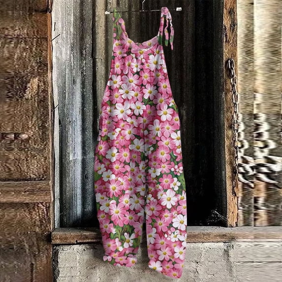 Women Linen Overalls Summer Casual Floral Printed Loose Fit Jumpsuits Boho Wide Leg Rompers Pants with Pockets Pink L