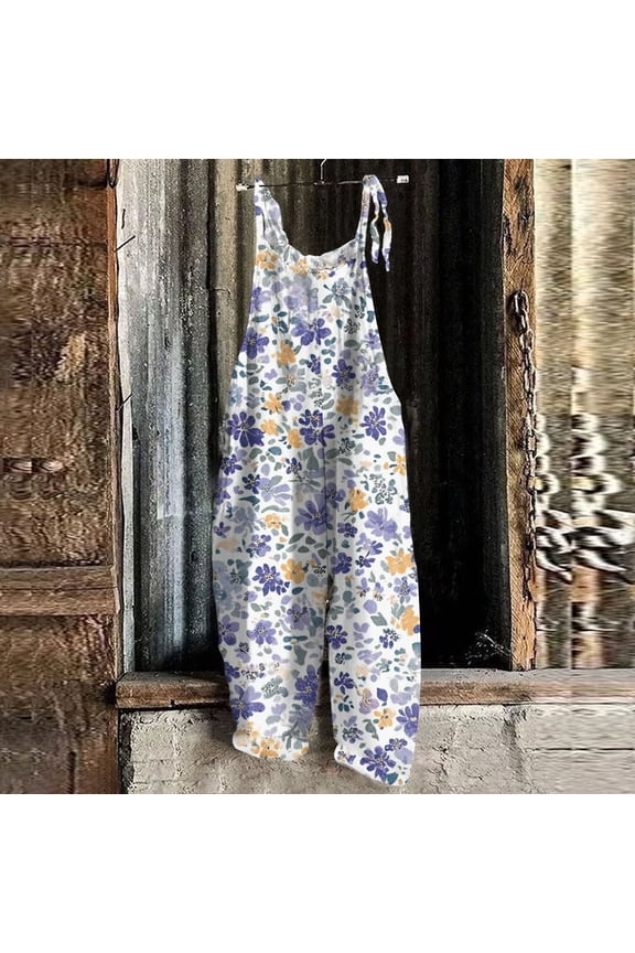 Women Linen Overalls Summer Casual Floral Printed Loose Fit Jumpsuits Boho Wide Leg Rompers Pants with Pockets Purple M