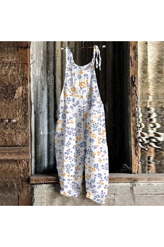 Women Linen Overalls Summer Casual Floral Printed Loose Fit Jumpsuits Boho Wide Leg Rompers Pants with Pockets Purple S