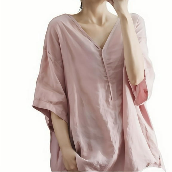 Women Linen Oversized Tops Summer Casual V Neck 3/4 Sleeve Shirts Fashion Soft Loose Tees Solid Color Blouses (3XL, Pink)