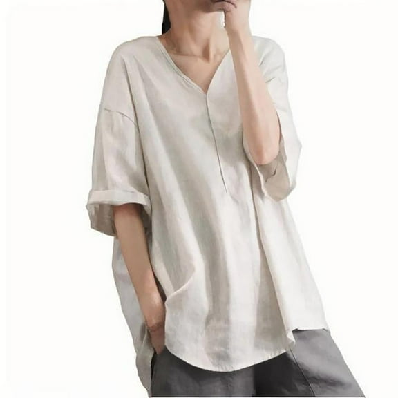 Women Linen Oversized Tops Summer Casual V Neck 3/4 Sleeve Shirts Fashion Soft Loose Tees Solid Color Blouses (M, Beige)