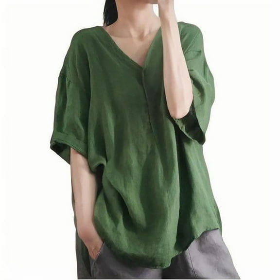 Women Linen Oversized Tops Summer Casual V Neck 3/4 Sleeve Shirts Fashion Soft Loose Tees Solid Color Blouses (XL, Green)