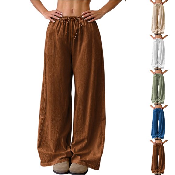 Women Linen Palazzo Pants Flowy Wide Leg Drawstring Waist Trousers Lightweight Casual Lounge Summer 2026 Beach Travel with Pockets Brown S