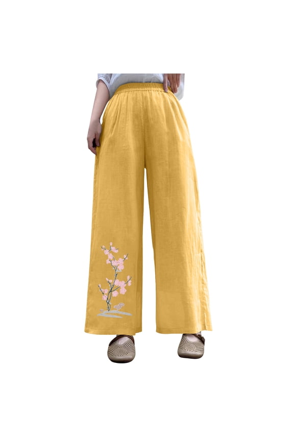Women Linen Palazzo Pants High Waisted Wide Leg Summer Trousers Floral Embroidery Elastic Waist Pockets Retro Casual Pant