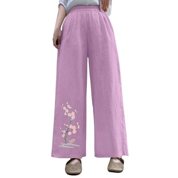 Women Linen Palazzo Pants High Waisted Wide Leg Summer Trousers Floral Embroidery Elastic Waist Pockets Retro Casual Pant