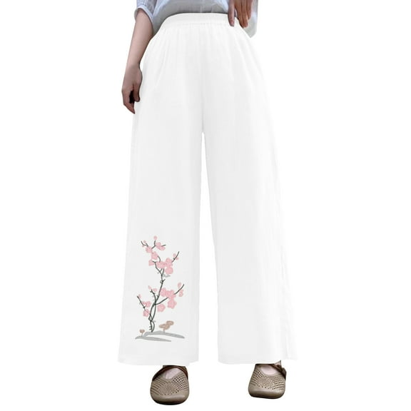 Women Linen Palazzo Pants High Waisted Wide Leg Summer Trousers Floral Embroidery Elastic Waist Pockets Retro Casual Pant