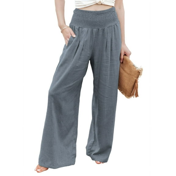 Women Linen Palazzo Pants Summer Boho Wide Leg High Waist Casual Lounge Beach Travel Vacation Outfits Gray M