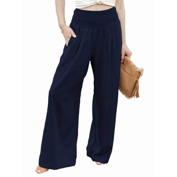Women Linen Palazzo Pants Summer Boho Wide Leg High Waist Casual Lounge Beach Travel Vacation Outfits Navy Blue M