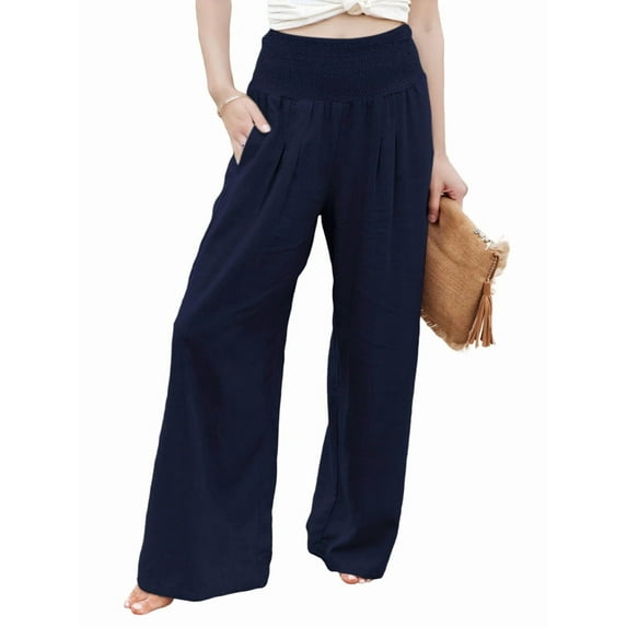 Women Linen Palazzo Pants Summer Boho Wide Leg High Waist Casual Lounge Beach Travel Vacation Outfits Navy Blue M