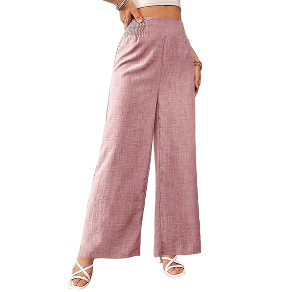 Women Linen Palazzo Pants Summer Boho Wide Leg High Waist Casual Lounge Pant 2026 Beach Travel Vacation Outfits Pink M