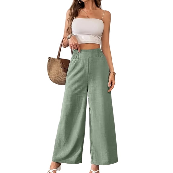 Women Linen Palazzo Pants Summer Boho Wide Leg High Waist Casual Lounge Pant Travel Vacation Outfits Bean Green M