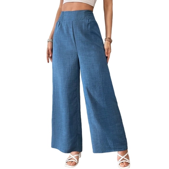 Women Linen Palazzo Pants Summer Boho Wide Leg High Waist Casual Lounge Pant Travel Vacation Outfits Denim Blue M
