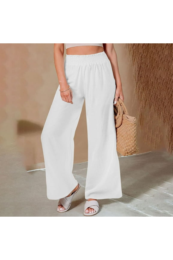 Women Linen Palazzo Pants Summer Boho Wide Leg High Waist Casual Lounge Pant Trousers with Pocket