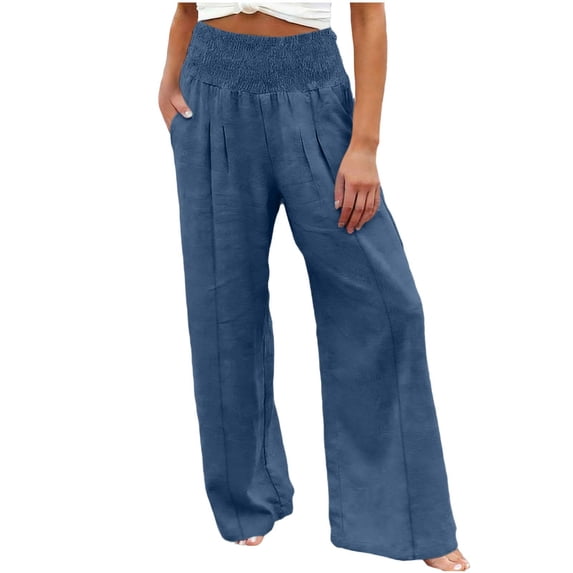 Women Linen Palazzo Pants Summer Boho Wide Leg High Waist Casual Pants Beach Travel Vacation Outfits with Pockets