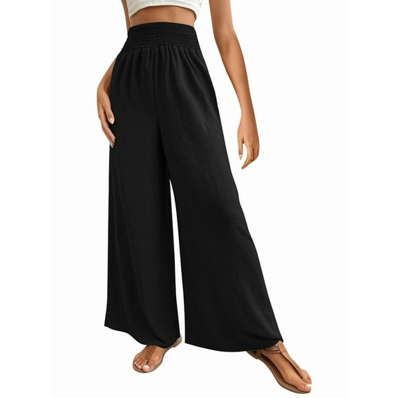Women Linen Palazzo Pants Wide Leg Summer Boho High Waist Casual Lounge Pants Beach Travel Vacation Outfits Black XL