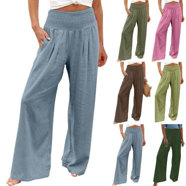 Women Linen Palazzo Pants Women's Wide Leg Pants, Casual Linen High Waisted Cropped Trousers with Pockets Loose Palazzo Pants