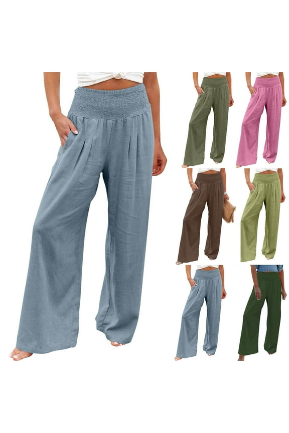 Women Linen Palazzo Pants Women's Wide Leg Pants, Casual Linen High Waisted Cropped Trousers with Pockets Loose Palazzo Pants