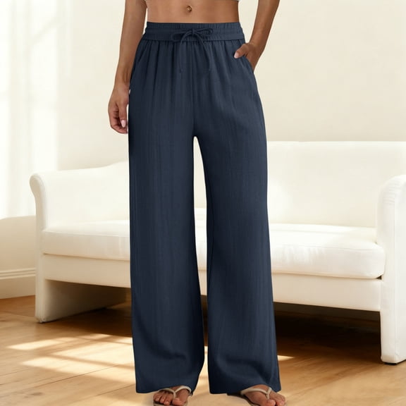 Women Linen Pants Casual Wide Leg Palazzo Trousers Drawstring Elastic Waist Lightweight Summer 2026 Beach Vacation with Pockets Navy S