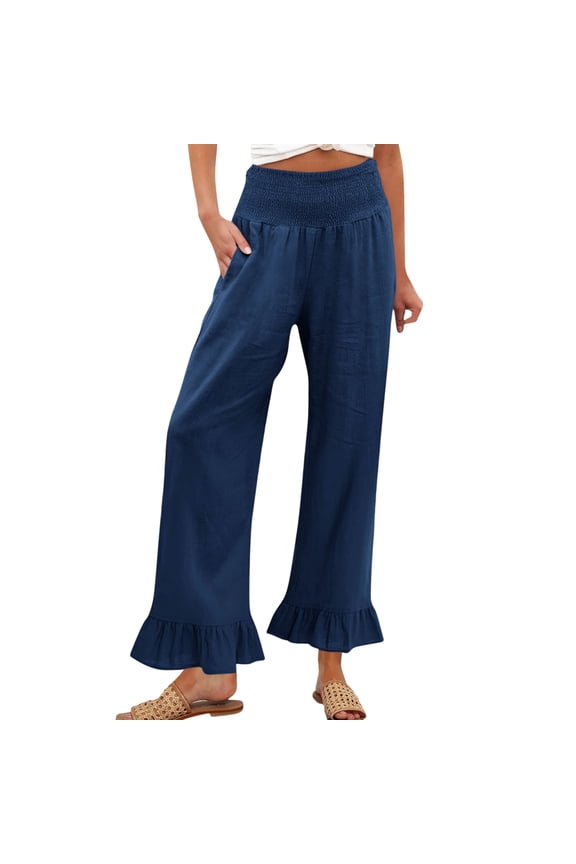 Women Linen Pants Dressy Casual Summer Boho Ruffle Hem Wide Leg Pants Smocked High Waisted Palazzo Pant Navy 2XL