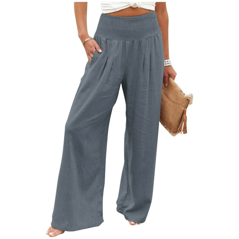 Women Cotton Linen Wide Leg Trousers Elastic High Waist Loose Pants Baggy  Summer 