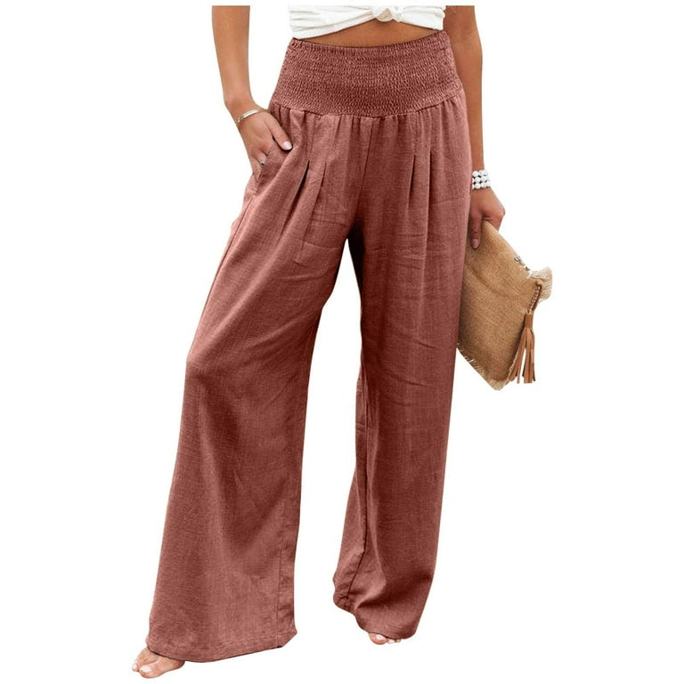 Women Summer Cotton Linen Palazzo Pants Smocked High Waisted Wide Leg Long  Lounge Pants Trousers with Pockets 