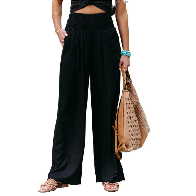 Womens Cotton Linen Pants Wide Leg High Waisted Palazzo Lounge Trousers  Elastic Summer Beach Yoga Pants with Pockets 
