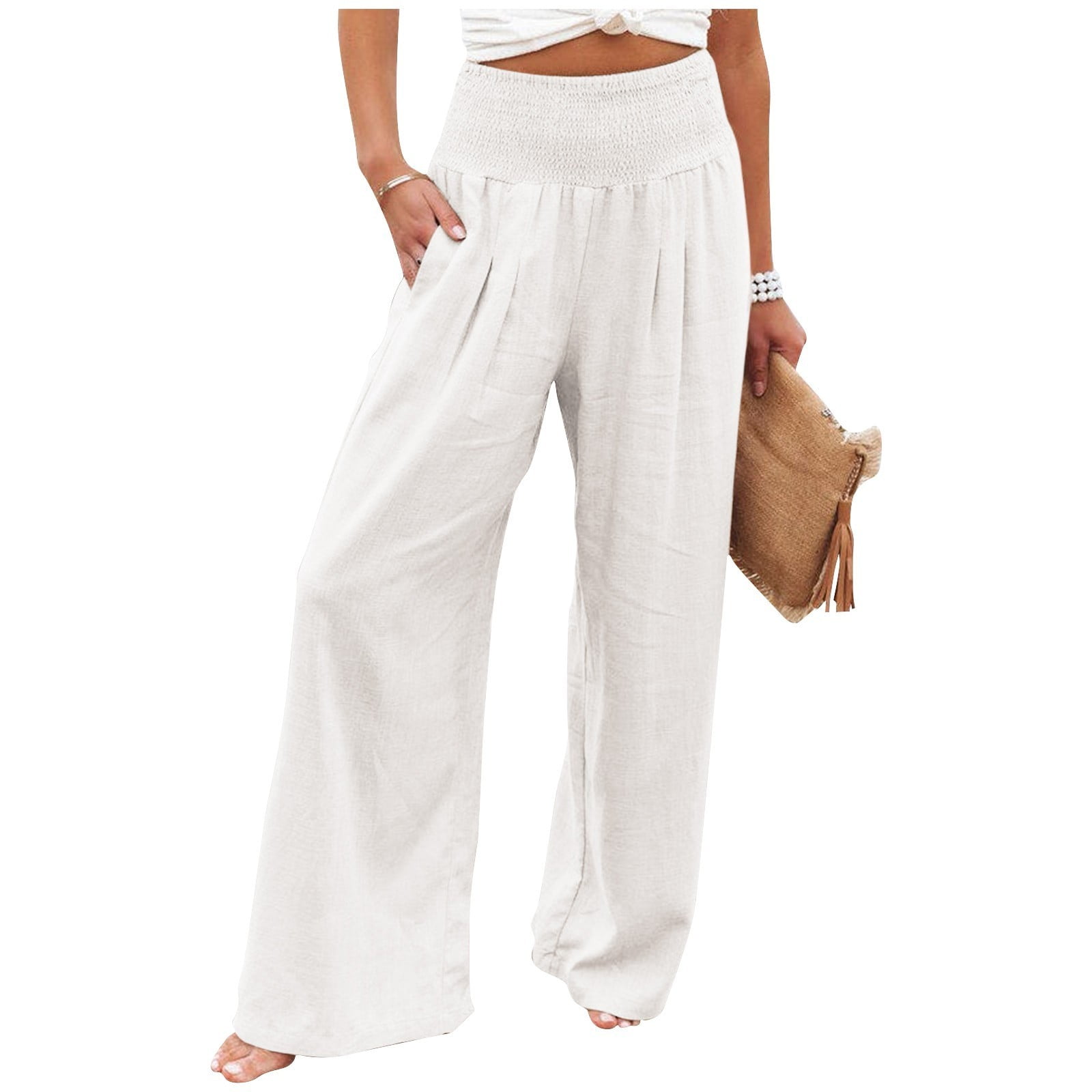 Palazzo Pants for Women Summer Elastic Smocked High Waisted Wide Leg Lounge  Pants Beach Flowy Trousers with Pockets