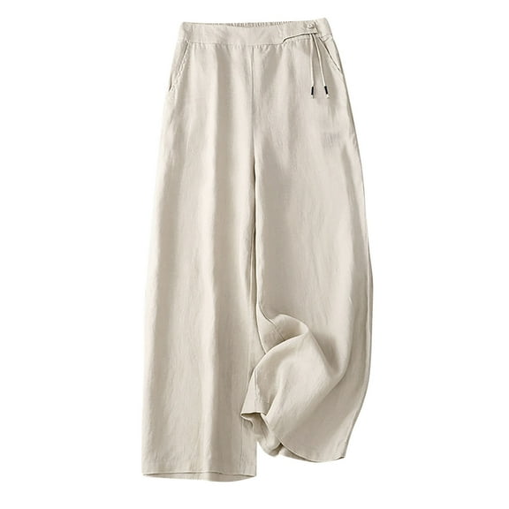 ZQUUVOU Women Linen Pants Solid Color Fashion Elastic Waist Flipped Nine Point Pants Summer Outfits for Women E-White