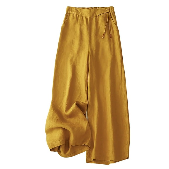 ZQUUVOU Women Linen Pants Solid Color Fashion Elastic Waist Flipped Nine Point Pants Summer Outfits for Women E-Yellow